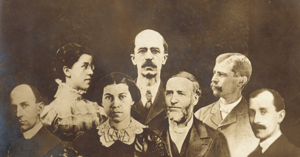 WRIGHT BROTHERS FAMILY (COMPOSITE PHOTO, LEFT TO RIGHT-WILBUR, KATHARINE, SUSAN, LORIN, BISHOP MILTON, REUCHIN, AND ORVILLE)